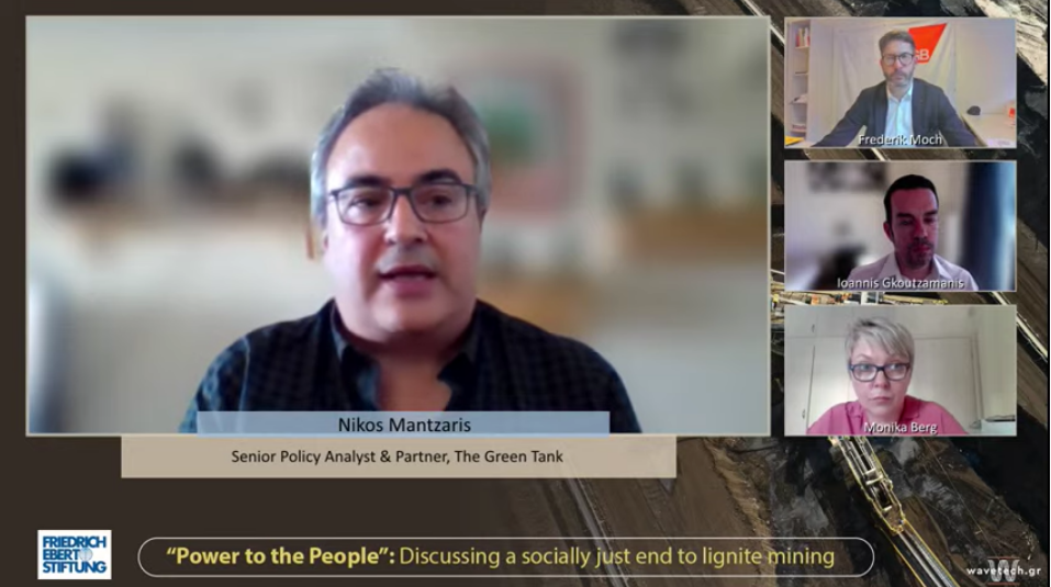 Nikos Mantzaris in the online event of the Friedrich-Ebert-Stiftung Foundation in Athens titled „Power to the People“: Discussing a socially just end to lignite mining.